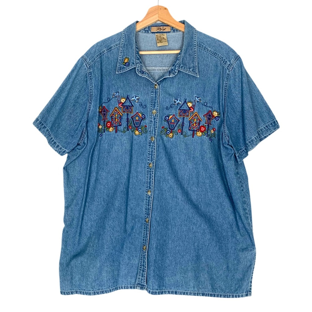 Bobbie Brooks Vintage 90s Denim Button Up Shirt Embroidered Birdhouse Size 18W - Picture 2 of 9